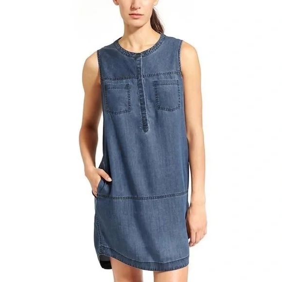 athleta denim dress Athleta Denim Dress Women's size XXS Blue Long sleeve button up Pockets